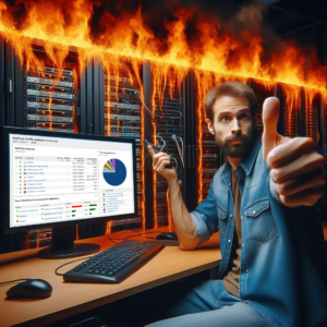 image of a man sitting in front of a computer and servers, the service are on fire. The man has a calm face with a thumbs up.