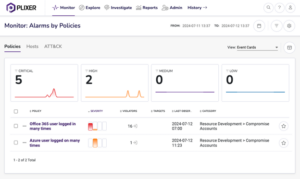 Plixer One dashboard showing alarms related to user/entity behavior