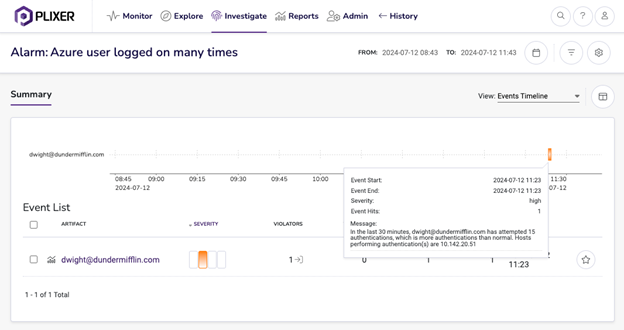 Drilling into an Azure excessive authentications alarm