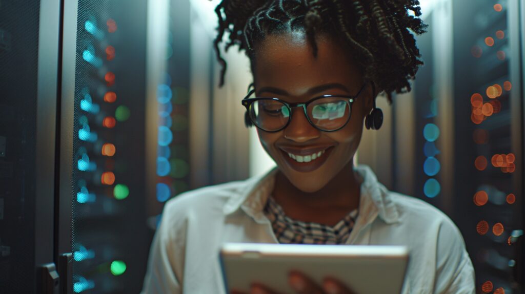 An African American female computer technician appears joyful while using a tablet and working in a server room environment.