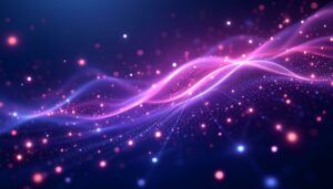 An abstract configuration of pink and purple glowing dots connected by laser-like lines across a dark violet background. Abstract purple color digital particles wave with bokeh and light background