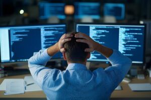 Frustrated businessman sitting at a cluttered desk,hands in his hair,staring at a computer screen with error messages. Dark,moody lighting creates a tense.